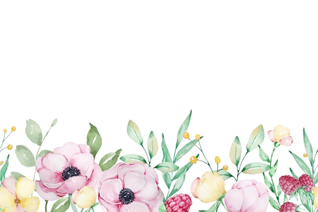 Watercolor seamless border of pink anemones