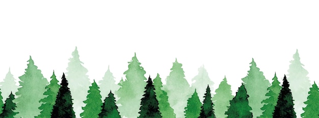 Watercolor seamless border with green fir trees pattern print with abstract forest