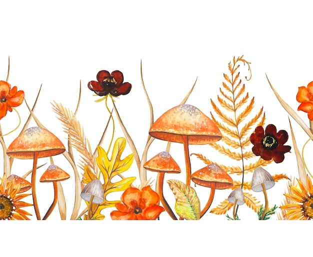 Vector watercolor seamless border with mushroomsflowers dry leavesforest mushrooms