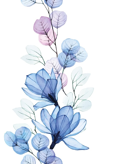 透明な青いモクレンの花とユーカリの葉と水彩のシームレスな境界線