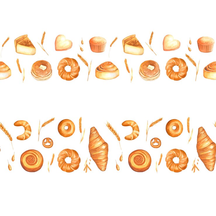 Vector watercolor seamless borders of various types of pastries and bread