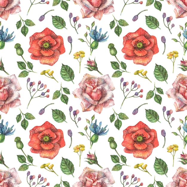 watercolor seamless botanical pattern of bright, red wildflowers of poppy, pink roses and other plants and leaves.