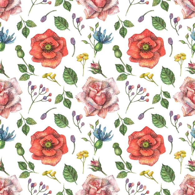 Watercolor seamless botanical pattern of bright, red wildflowers of poppy, pink roses and other plants and leaves.