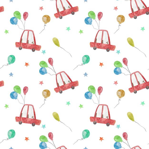 Vector watercolor seamless childish pattern with cartoon red cars and colorful balloons