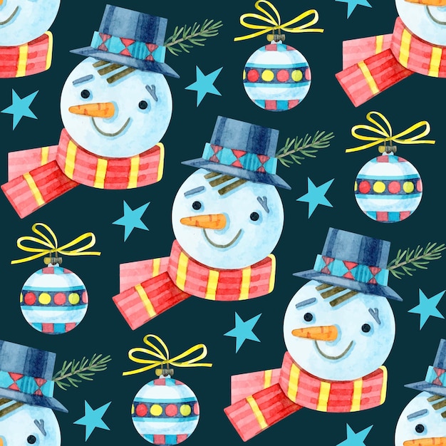 Watercolor seamless christmas pattern with cute snowman in hat and christmas tree toys Cozy Happy new year Merry Christmas Holiday illustrations on a dark green For design of winter holiday