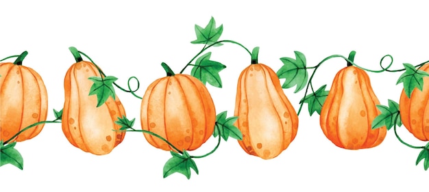 watercolor seamless horizontal border, frame. cute orange pumpkins, halloween theme, thanksgiving