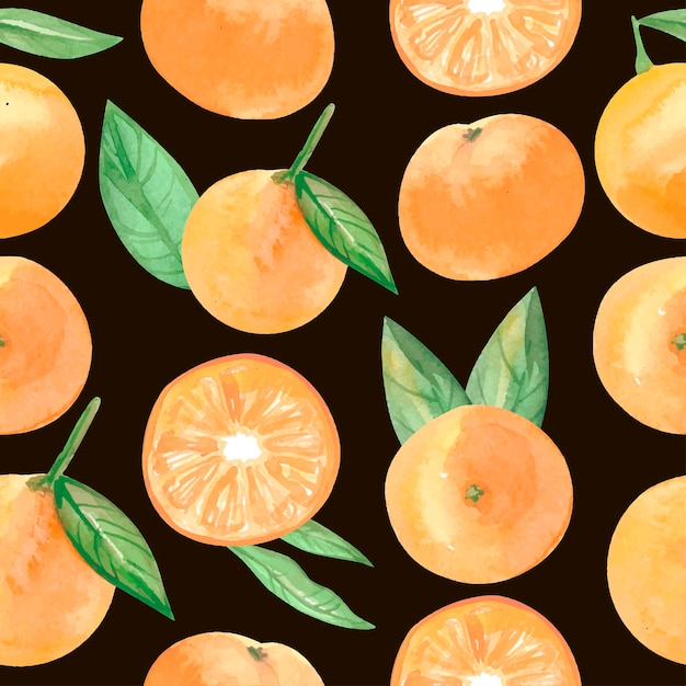 Vector watercolor seamless mandarin pattern. tangerine black background. vector illustration