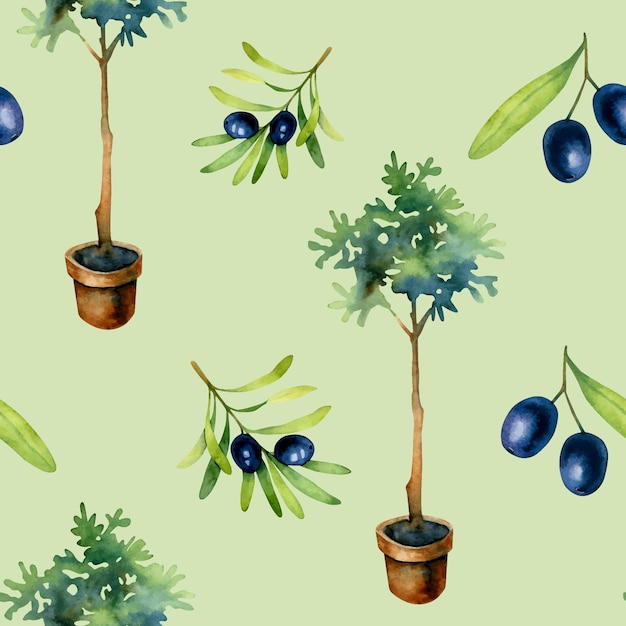 Watercolor seamless pattern of black olives and olive tree isolated on a green background