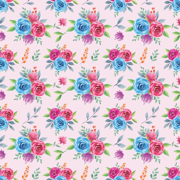 Watercolor seamless pattern of blue and purple rose