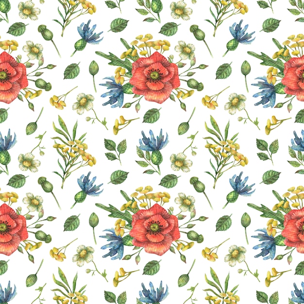 watercolor seamless pattern of bright, red wildflowers of poppy and other plants and leaves.
