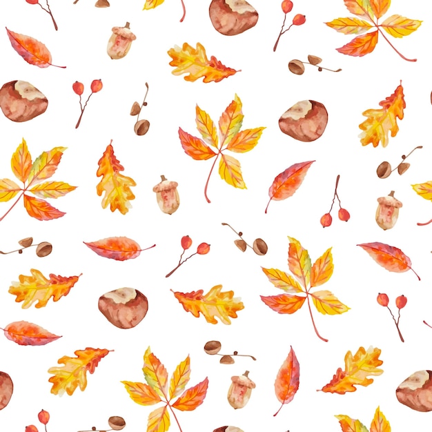 Watercolor seamless pattern chestnuts, autumn leaves and acorns hand drawn