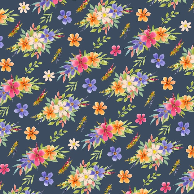 Watercolor seamless pattern of colorful florals in navy background