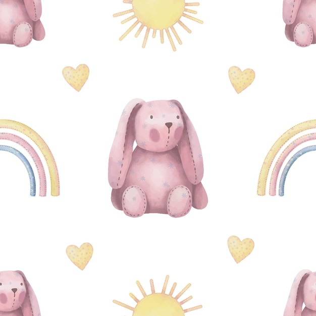 Watercolor seamless pattern cute pink bunny