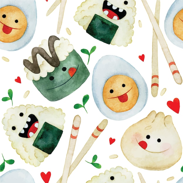 Watercolor seamless pattern. drawing of cute asian food characters. funny anigiri, sushi, rolls.