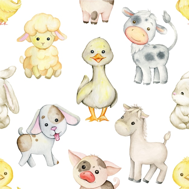 Vector watercolor seamless pattern duck cow rabbit pig chicken dog farm animals