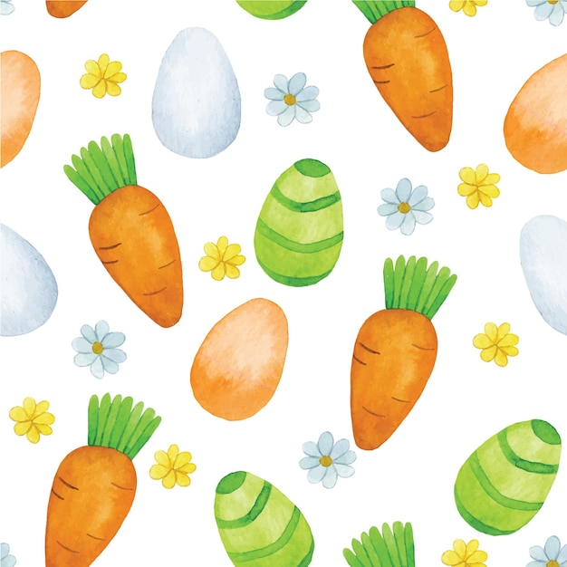 부활절을 위한 수채화 원활한 패턴입니다. 당근과 칠해진 부활절 달걀과 꽃이 있는 귀여운 프린트