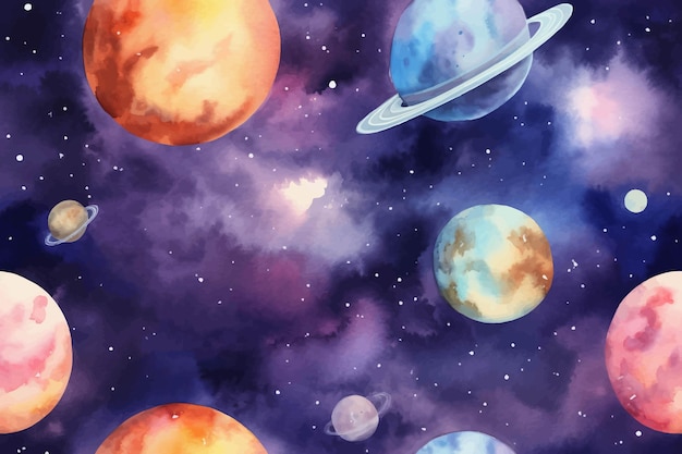 A watercolor seamless pattern of galaxy with planets and stars