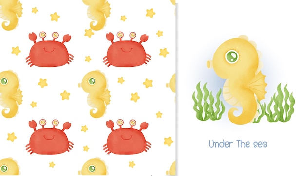 Watercolor seamless pattern and greeting card with cute crab and sea horse.