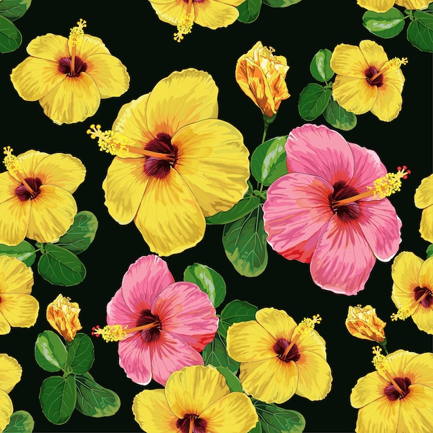 Vector watercolor seamless pattern hibiscus flowers.