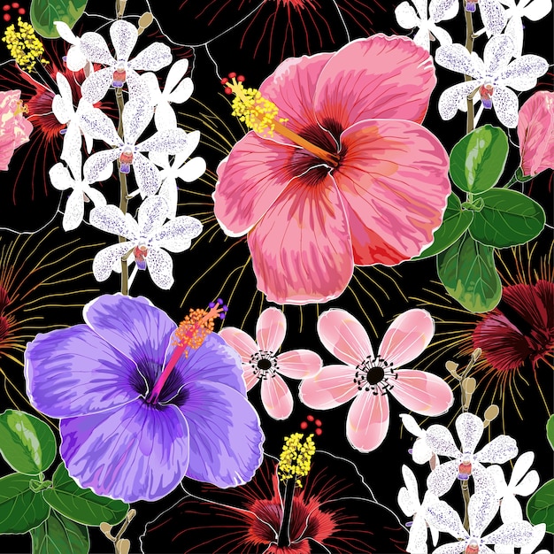 Watercolor Seamless pattern Hibiscus flowers.