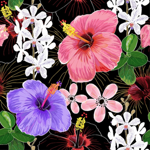 Watercolor seamless pattern hibiscus flowers.