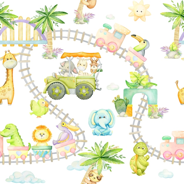 Watercolor seamless pattern on an isolated background tropical animals in cartoon style