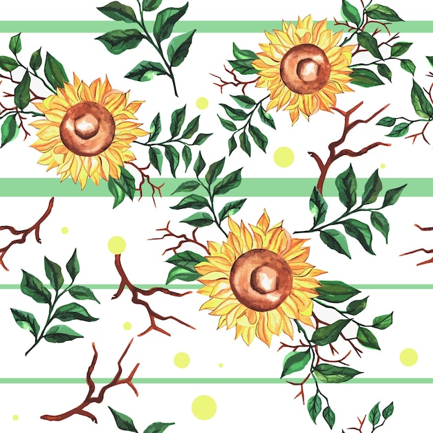 Watercolor seamless pattern of meadow sunflowers with foliage and tree branch background of stripes