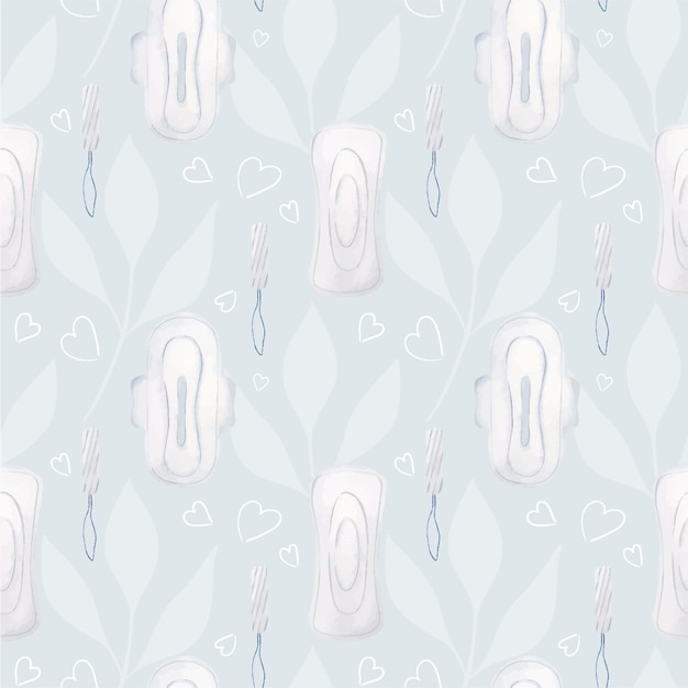 Watercolor seamless pattern of menstrual pads tampons and hearts on a blue background