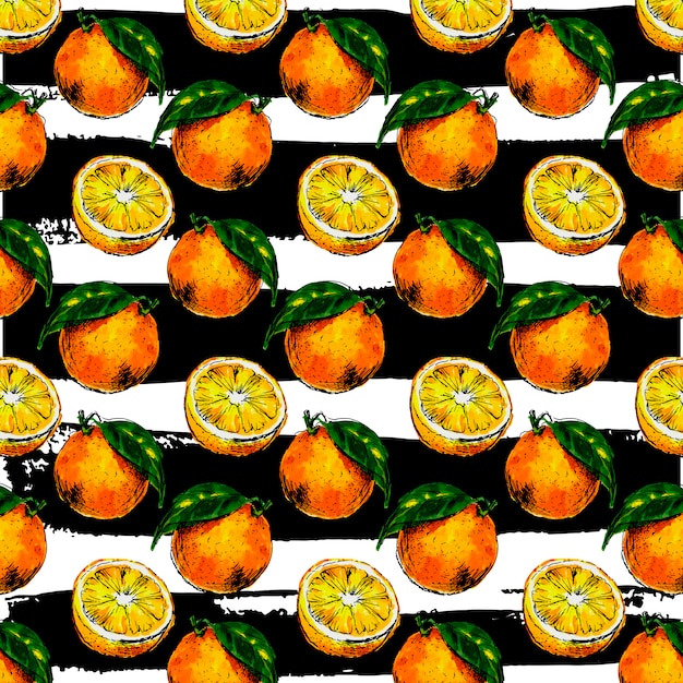 Vector watercolor seamless pattern of orange fruit with leafs.  illustration of citrus orange fruits. eco food illustration summer slogan