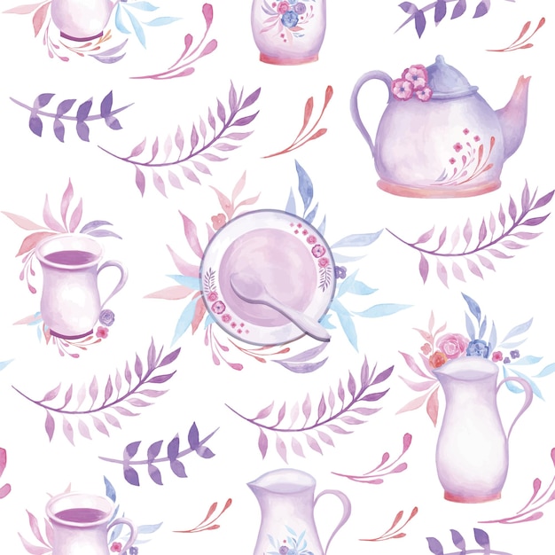 Vector watercolor seamless pattern tea party1