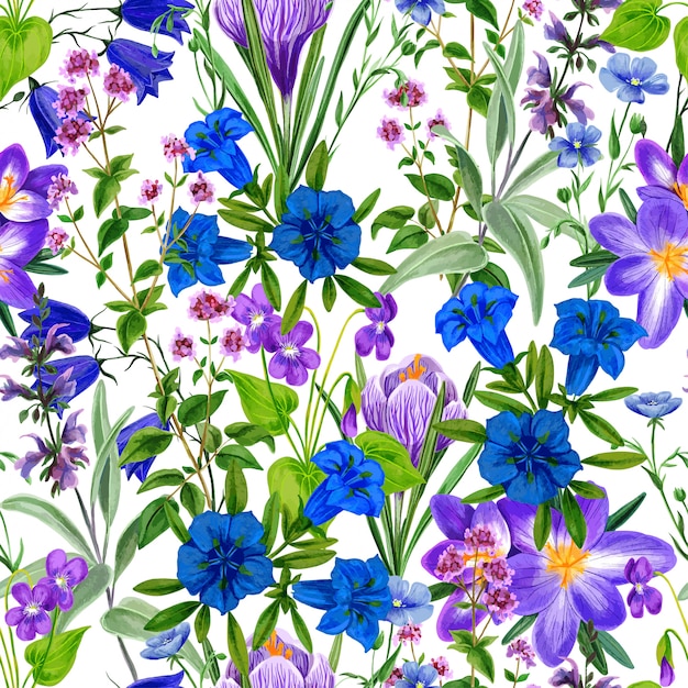 Watercolor seamless pattern, wild field flowers and herbs