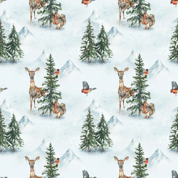 Watercolor seamless pattern winter forest background handpainted christmas design template