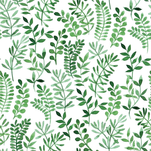 Watercolor seamless pattern with abstract green leaves greenery on white background