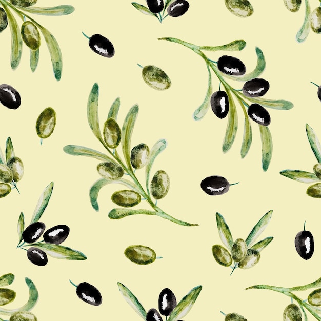 Watercolor seamless pattern with black and green olive branches vegetable pattern green leaves on beige background