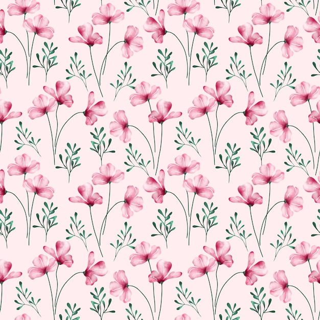 Watercolor seamless pattern with blooming pink flower and weeds