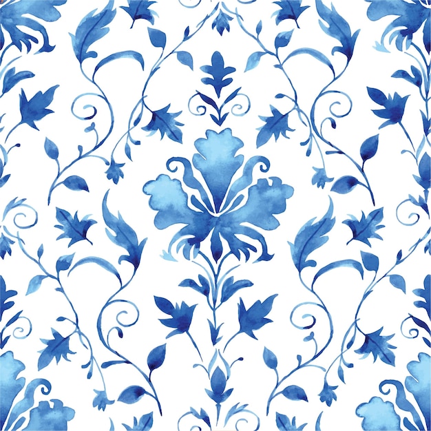 watercolor seamless pattern with blue damask ornament classic vintage ornament