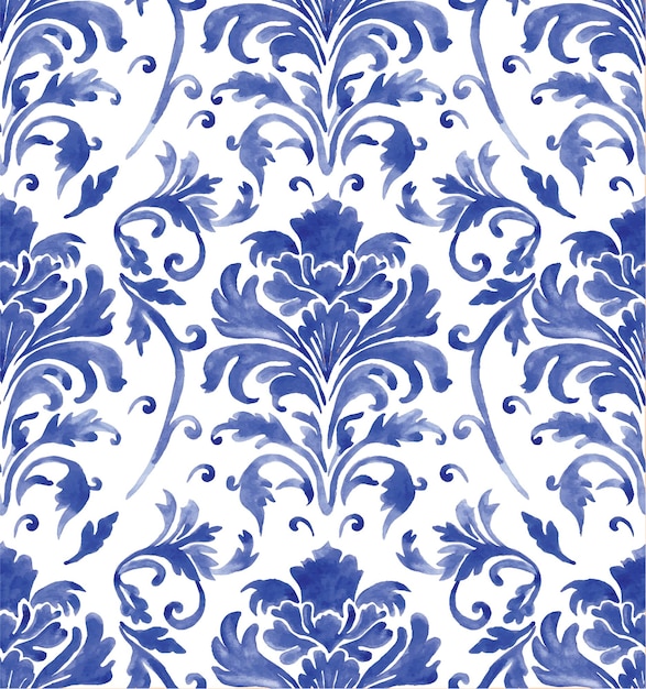 watercolor seamless pattern with blue damask ornament classic vintage ornament