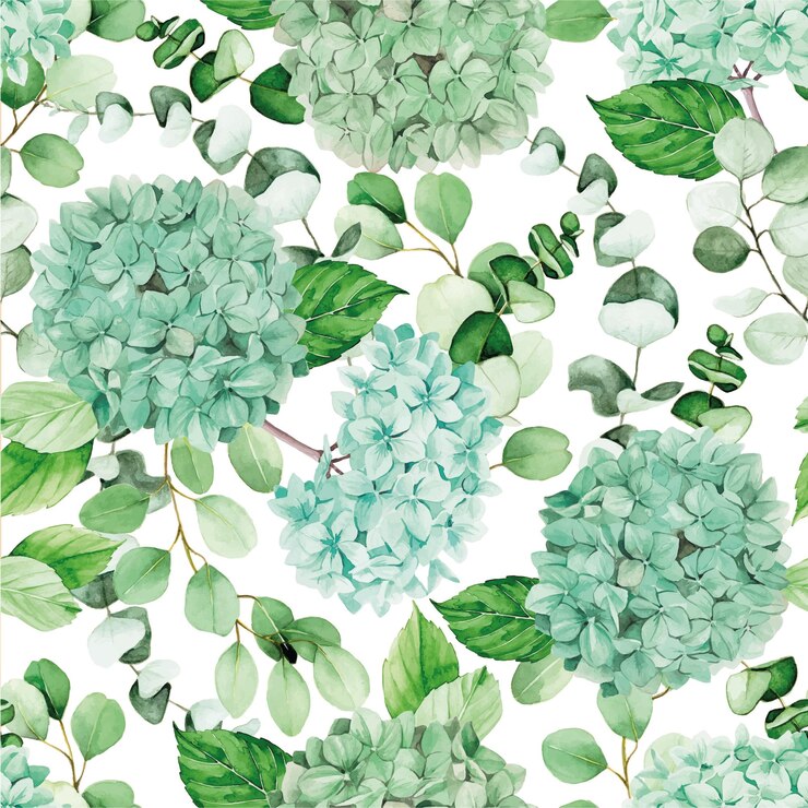 Vector watercolor seamless pattern with blue hydrangea flowers and eucalyptus branches and leaves