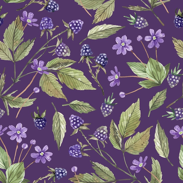 Watercolor, seamless pattern with branches, berries and flowers of wild blackberries on purple