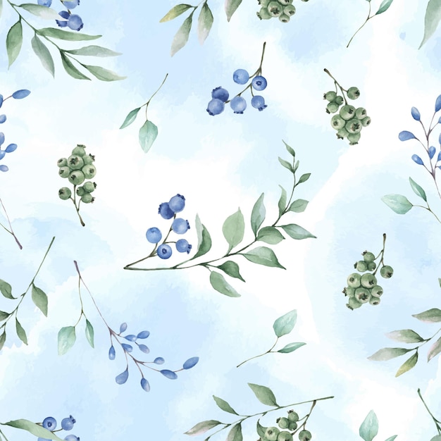 Watercolor seamless pattern with branches and berries