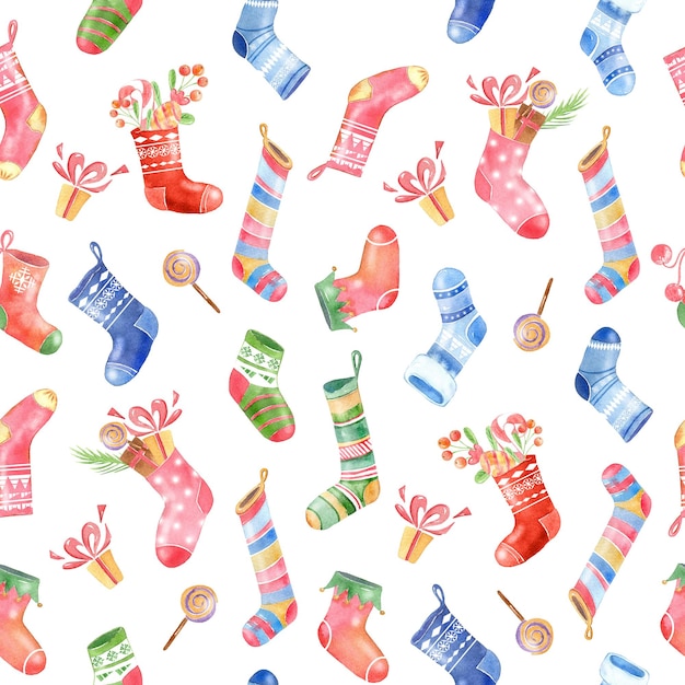 Watercolor seamless pattern with christmas socks