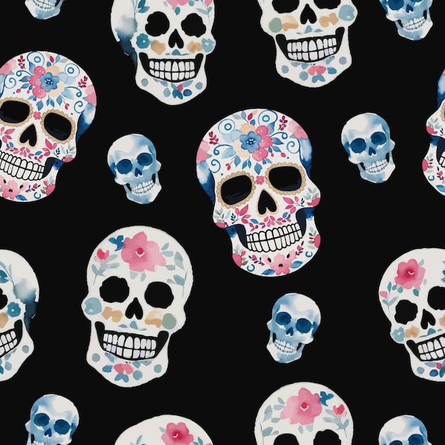 watercolor seamless pattern with colorful sugar skulls dia de los muertos