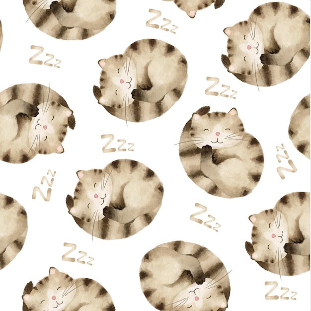 Watercolor seamless pattern with cute brown tabby cat sleeps curled up