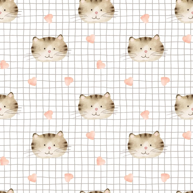 Watercolor seamless pattern with the face of a cute brown cat and hearts on a checkered background