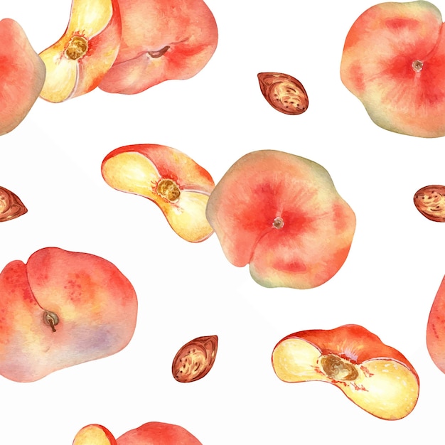 Vector watercolor seamless pattern with fig peaches and slice isolated on white background whole ripe and half fruits chines peaches hand drawn design element for package textile wrapping paper fabric