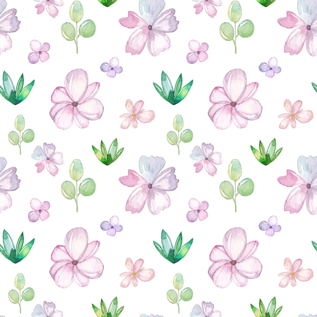 Watercolor seamless pattern with flowers and leaves