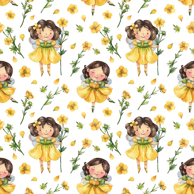 정원 요정과 노란색 미나리 꽃 꽃 패턴 수채화 원활한 패턴