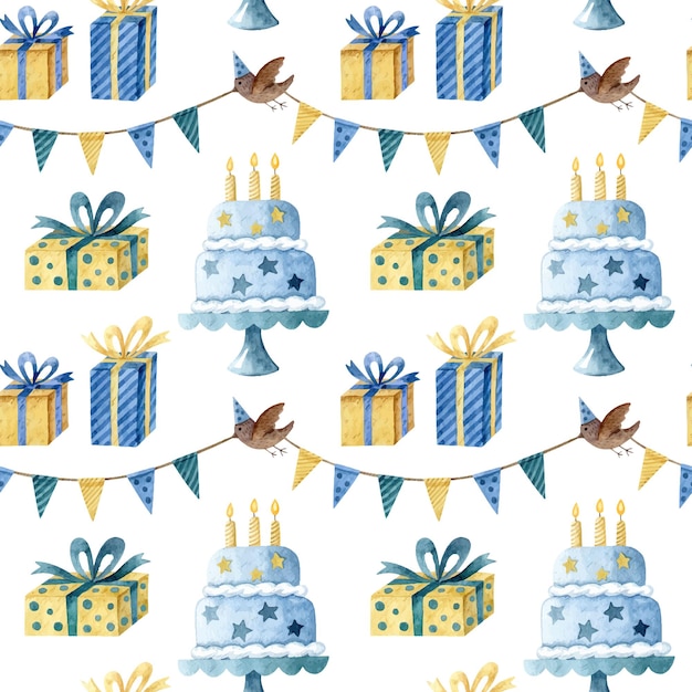 Watercolor seamless pattern with gifts and birthday cake Wrapping paper vector texture