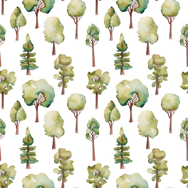 Vector watercolor seamless pattern with green trees