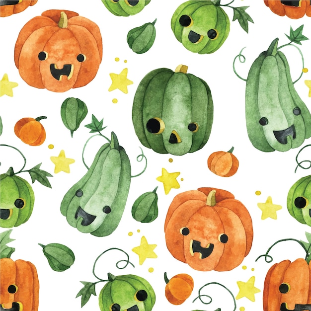 Watercolor seamless pattern with halloween pumpkins. cute pumpkin characters, funny faces. autumn